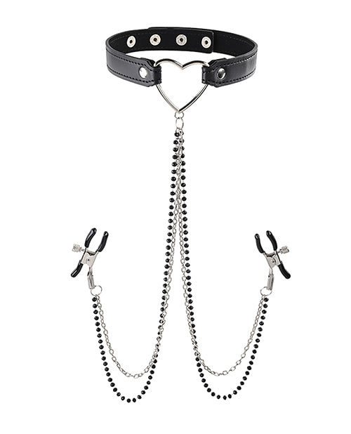 Sex and Mischief Amor Collar with Nipple Clamps - Black/Silver