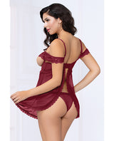 Lace & Mesh Open Cups Babydoll w/Fly Away Back & Panty Wine MD