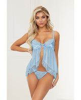 Satin Jacquard Dot Mesh Scallop Lace Babydoll & G-String Blue XL