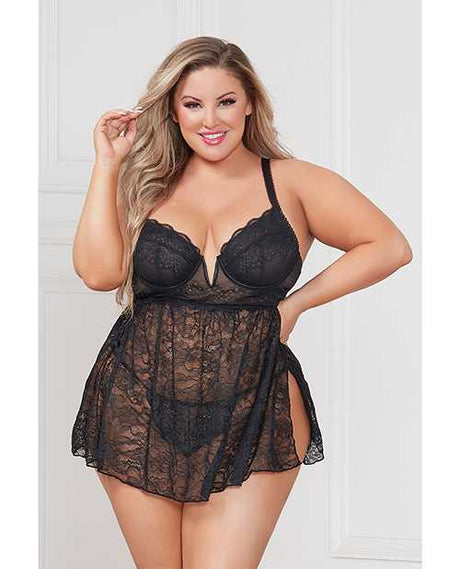 Stretch Lace Babydoll w/Underwire Cups & G-String Black 1X/2X