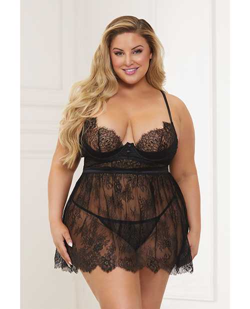 Lace & Satin Babydoll & Panty Black 1X/2X