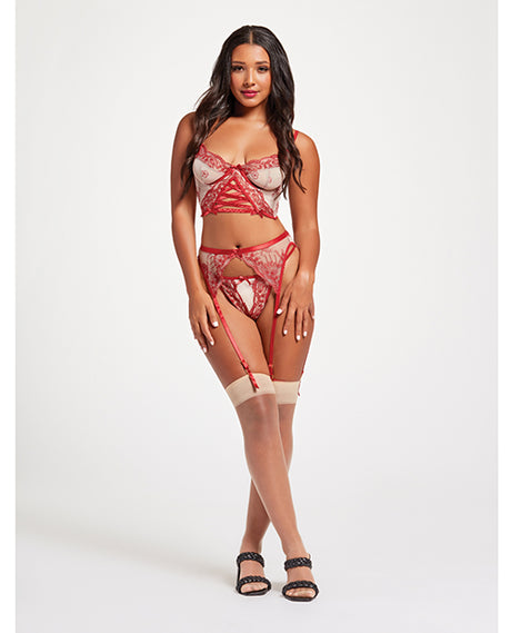 Sheer Stretch Mesh w/Floral Contrast Embroidery Bustier, Garter Belt & Thong Red/Nude MD