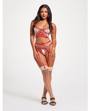 Sheer Stretch Mesh w/Floral Contrast Embroidery Bustier, Garter Belt & Thong Red/Nude SM