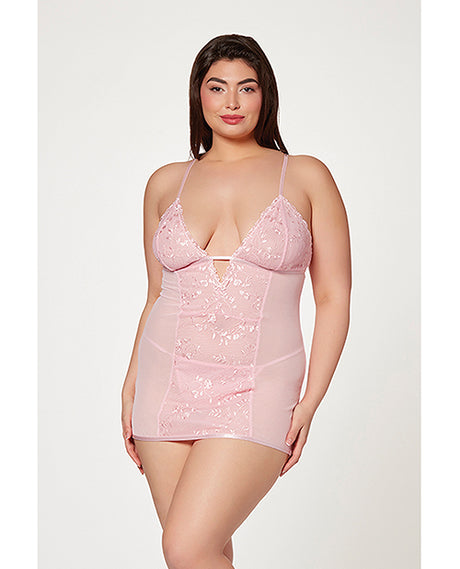 Floral Mesh Chemise & G-String Pink 1X/2X