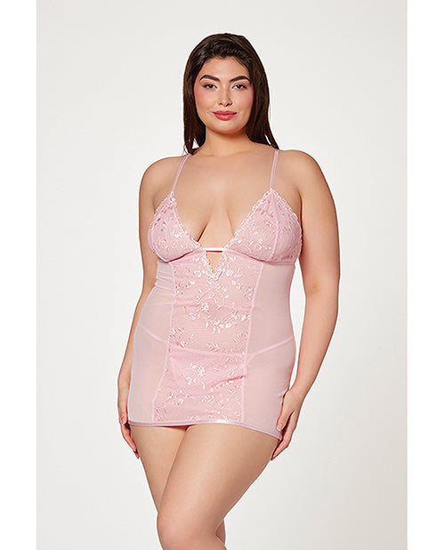 Floral Mesh Chemise & G-String Pink 3X/4X