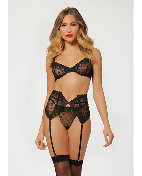 Valentines Heart Embroidered Mesh Bra, Waspie & Panty Black MD