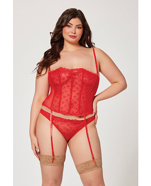 Valentines Heart Embroidered Mesh Bustier & Panty Red 3X/4X