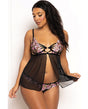 Floral Lace and Mesh Underwire Babydoll w/Open Back Panty 2 pc Set - Black/Pink SM