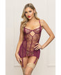 Metallic Lace with Mesh Gartered Chemise & Thong - Plum MD