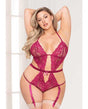 Floral Lace, Open Crotch Teddy w/Removable Garters Wine QN