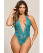 Floral Lace Halter Teddy w/Snap Crotch - Emerald O/S