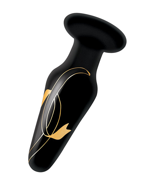 Secret Kisses Handblown Glass Anal Plug 4in - Black/Gold