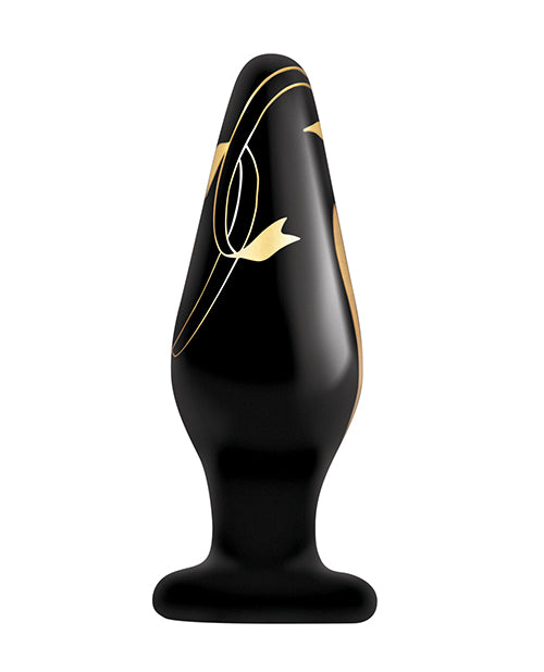 Secret Kisses Handblown Wide Glass Anal Plug 4.5in - Black/Gold