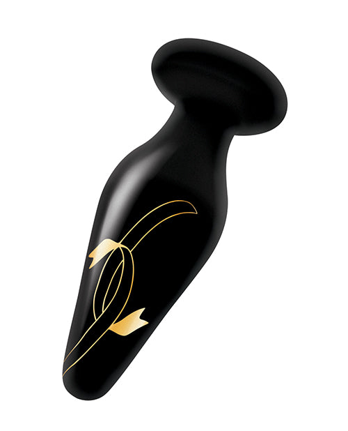 Secret Kisses Handblown Wide Glass Anal Plug 4.5in - Black/Gold