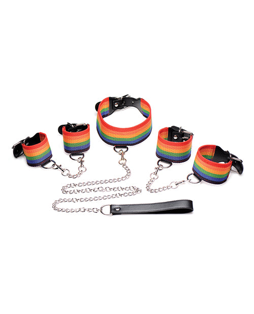 Kinky Pride Rainbow Bondage Set - Wrist/Ankle Cuffs and Collar with Leash