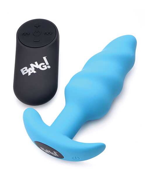 Bang! 21x Vibrating Silicone Rechargeable Swirl Butt Plug with Remote Control - Blue