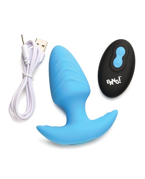 Bang! Rotating Vibrating Rechargeable Silicone Butt Plug with Remote - Blue