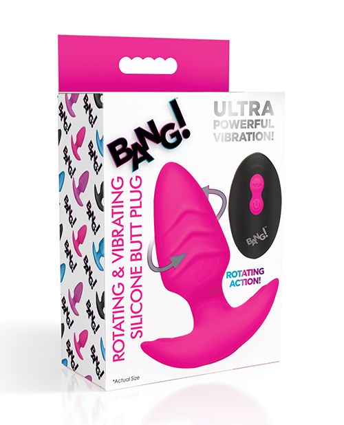 Bang! Rotating Vibrating Rechargeable Silicone Butt Plug with Remote - Pink