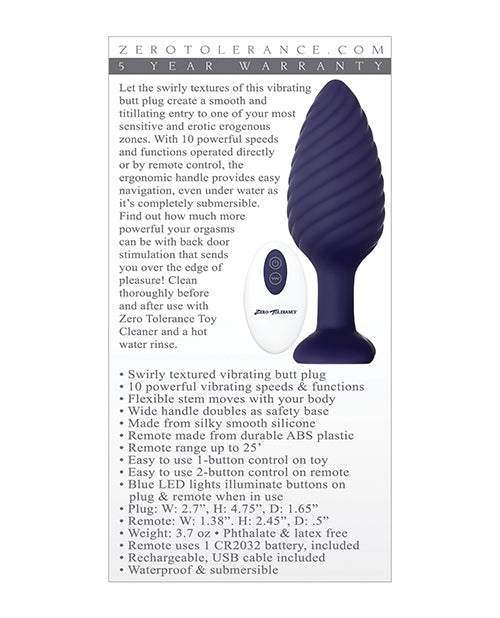 Zero Tolerance Wicked Twister Rechargeable Silicone Vibrating Butt Plug - Purple