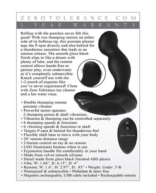 Zero Tolerance The One-Two Punch Silicone Rechargeable Prostate Massager with Remote Control - Black