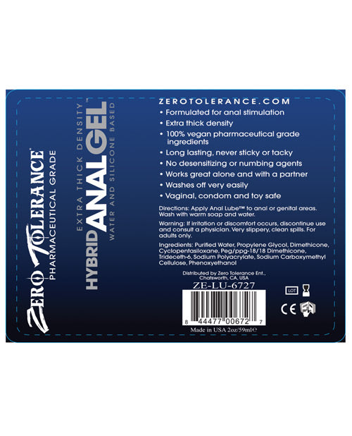 Zero Tolerance Hybrid Anal Gel Water and Silicone Based Extra Thick Density Lubricant 2oz